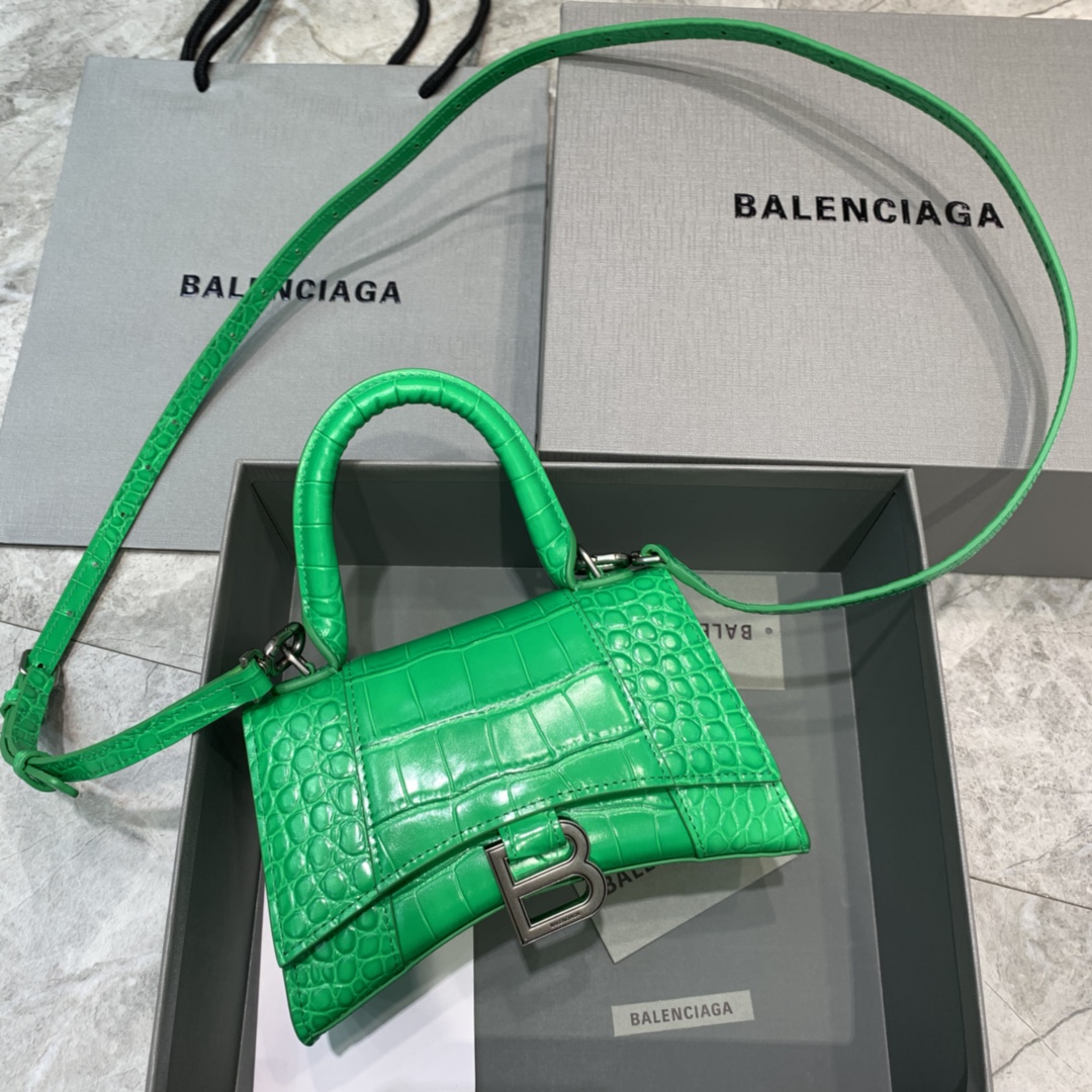 Balenciaga Hourglass XS Handbag Crocodile Embossed Shoulder Bag Green